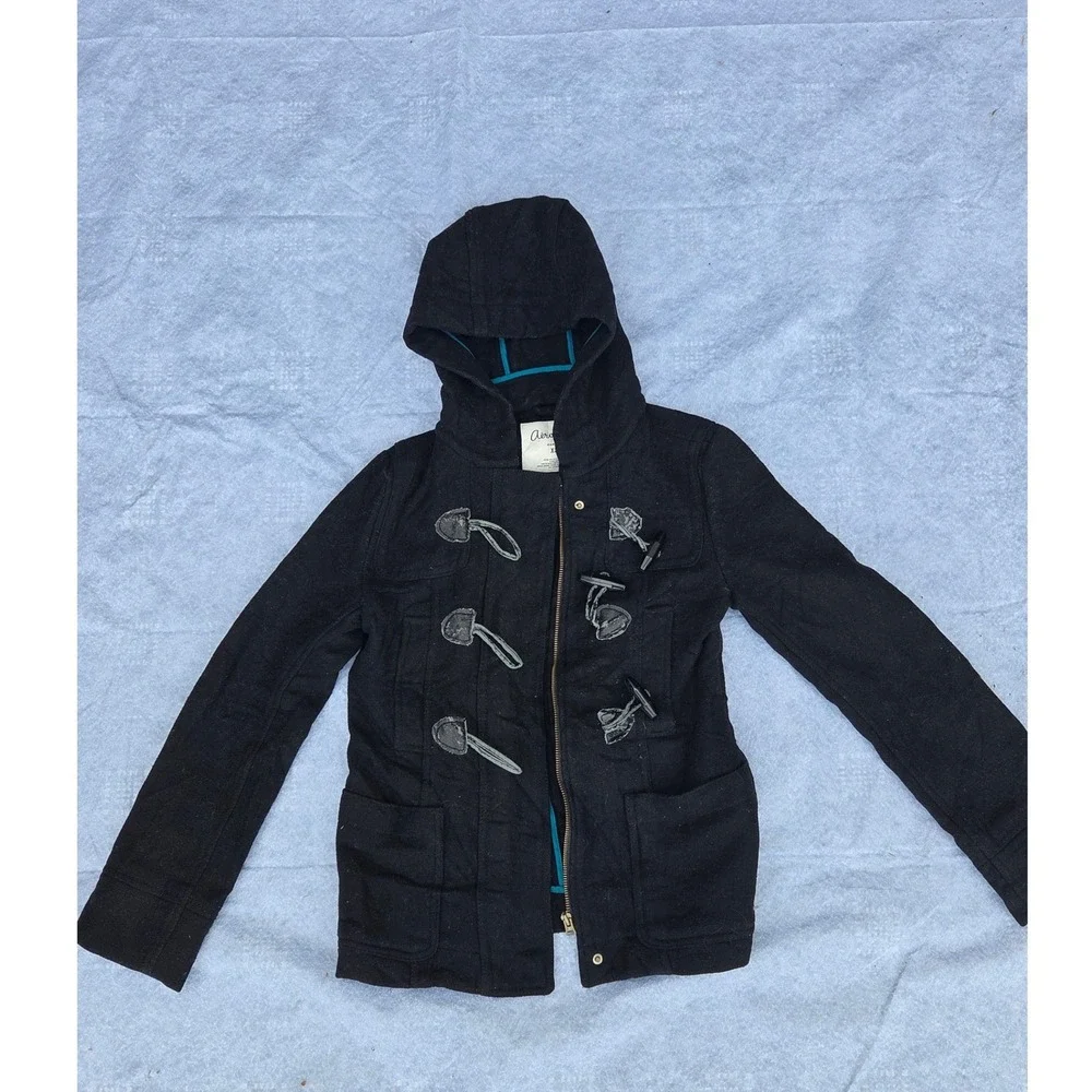 Aeropostale Womens Wool Blend Duffle Coat Black Hooded Toggle Jacket XS‎